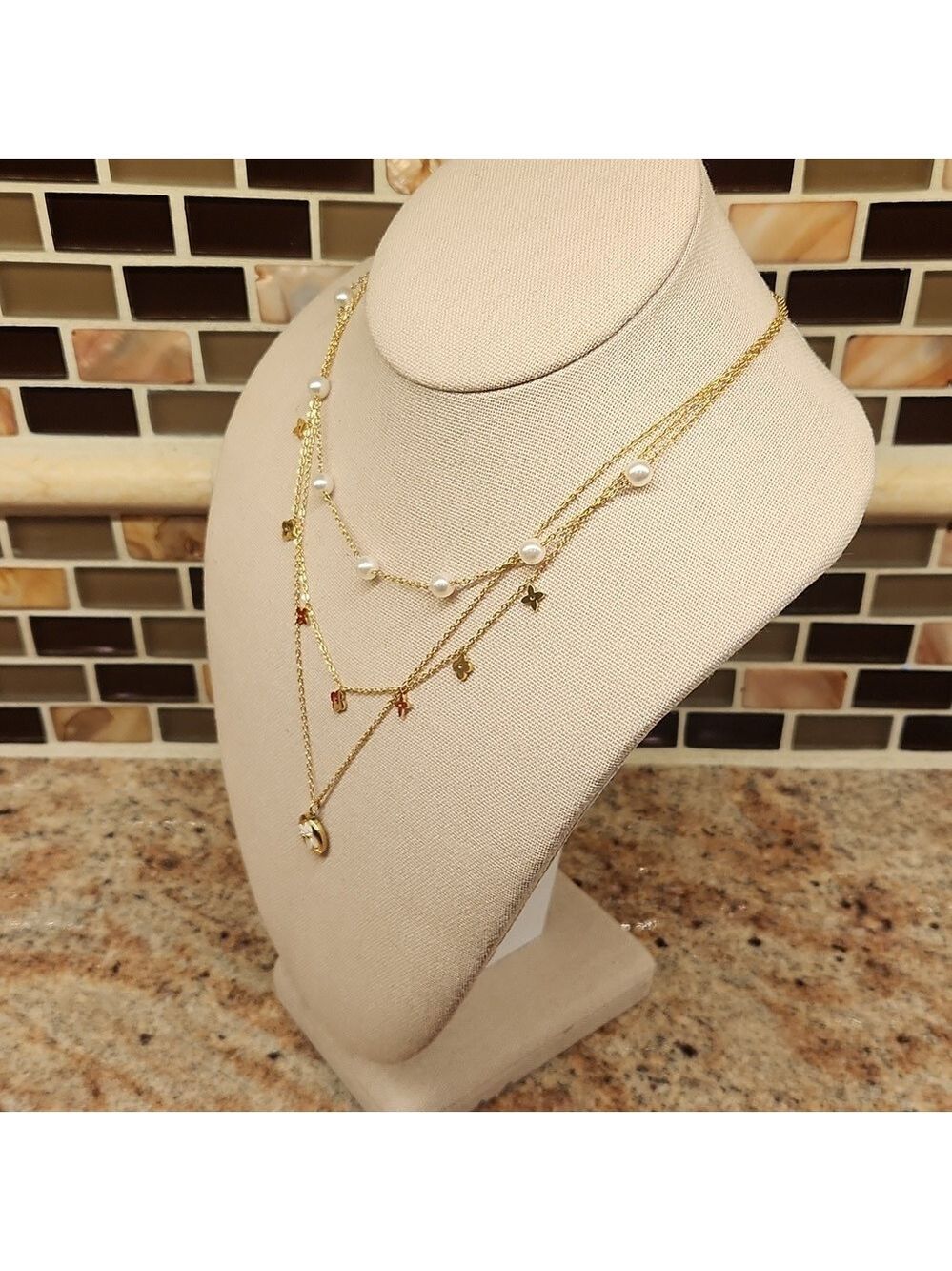 18K Gold Plated Layered Clover & Faux Pearl Station Necklace - Picture 6 of 10